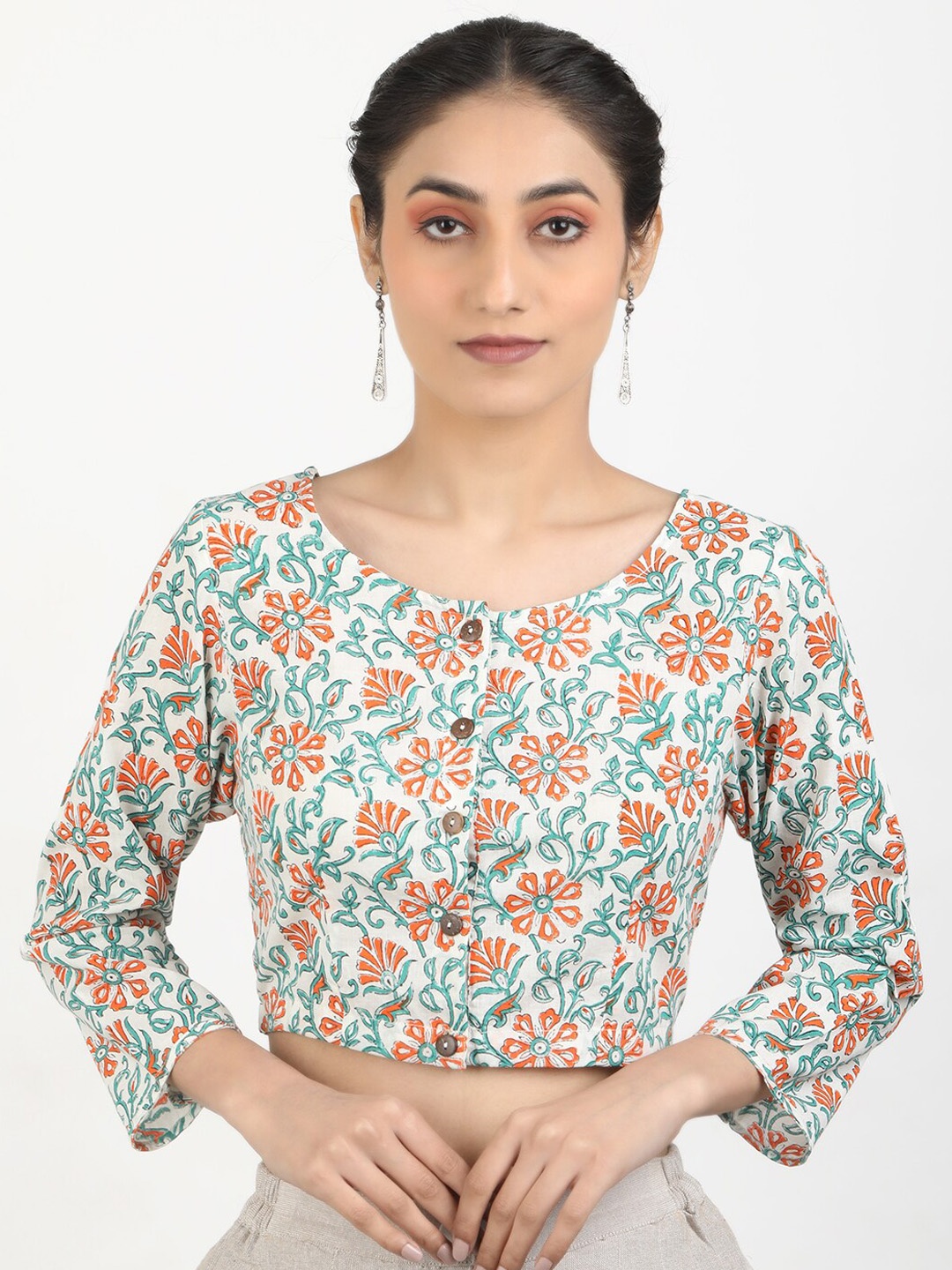 

Llajja Printed Cotton Saree Blouse, White