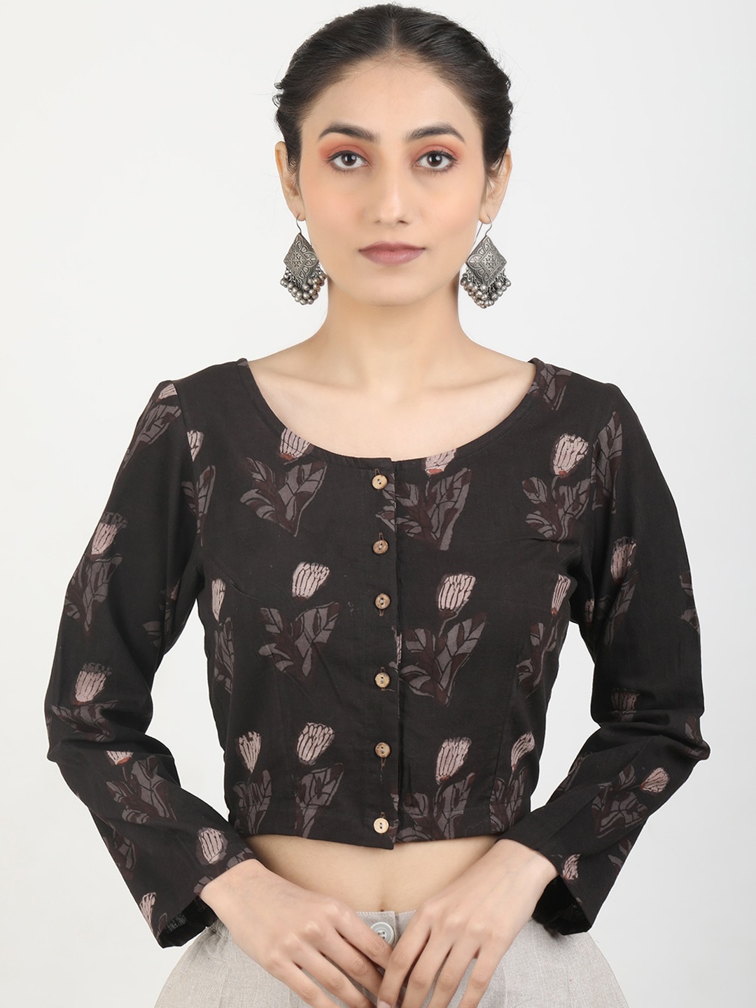

Llajja Block Printed Cotton Non Padded Saree Blouse, Brown