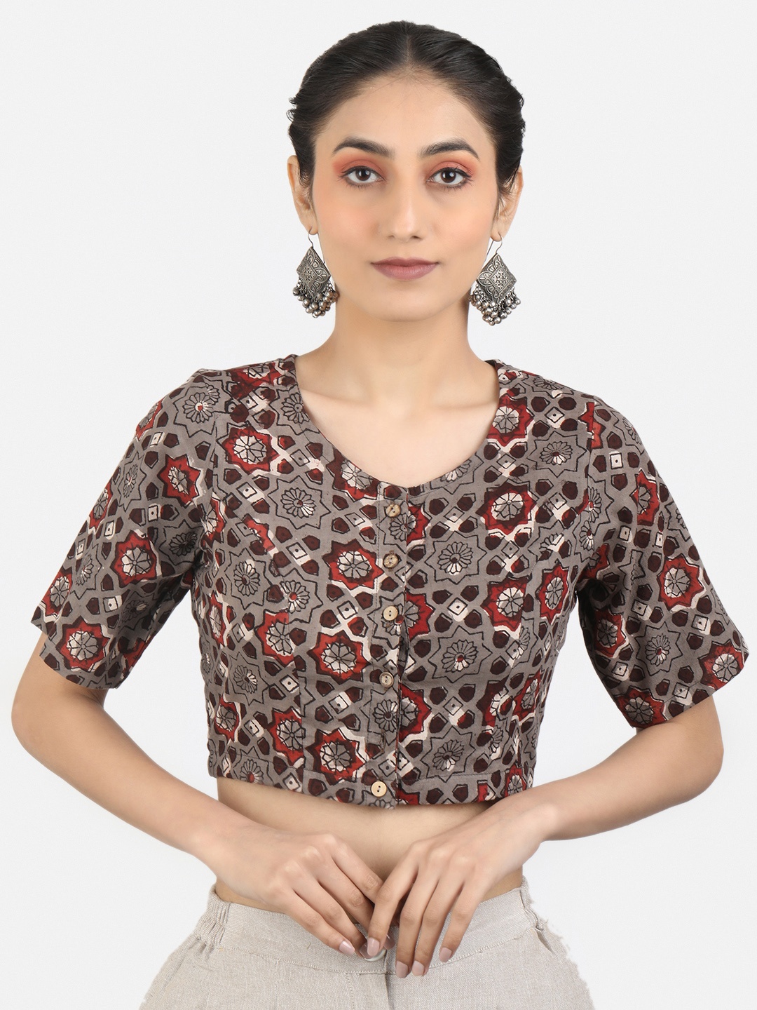 

Llajja Women Block Printed Pure Cotton Saree Blouse, Brown