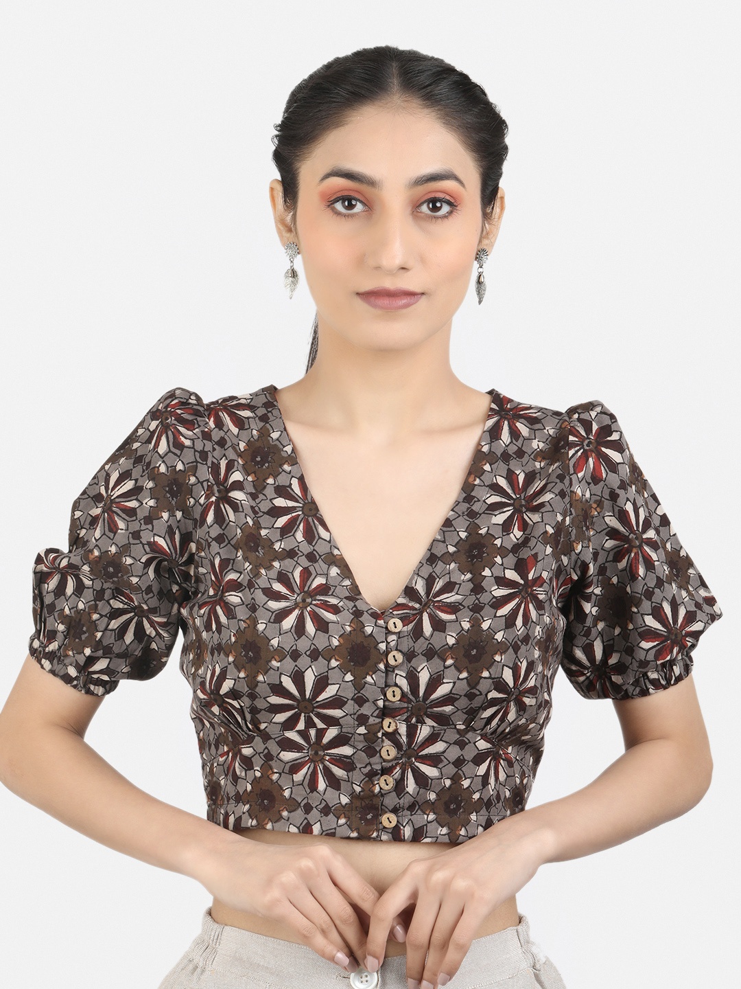 

Llajja Block Printed Pure Cotton Saree Blouse, Brown
