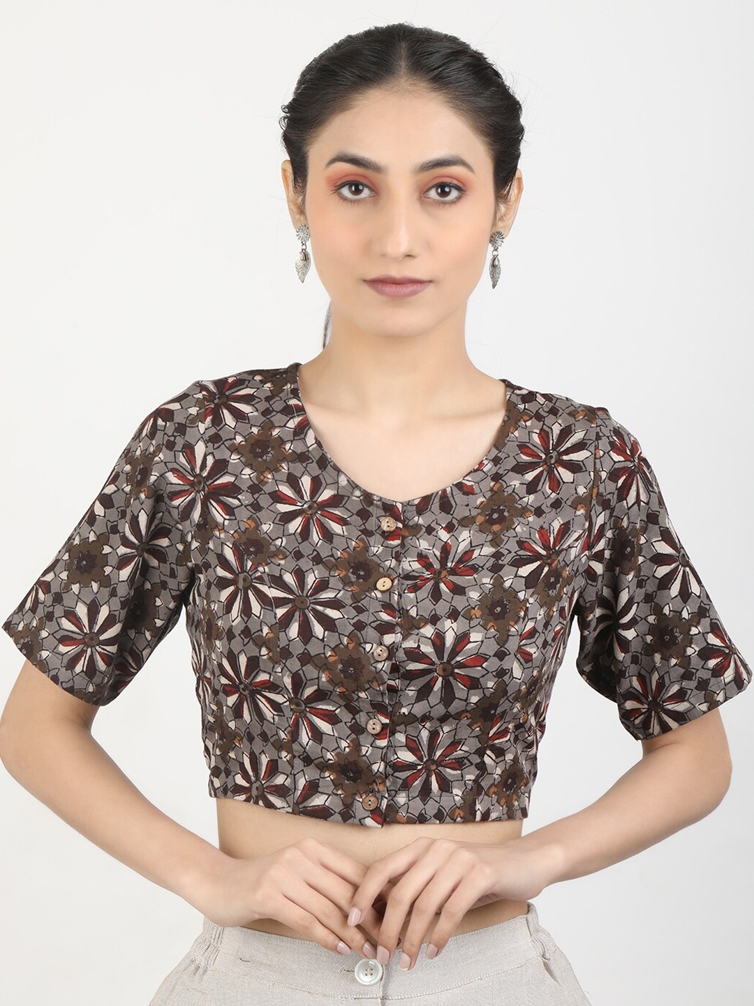 

Llajja Block Printed Pure Cotton Saree Blouse, Brown