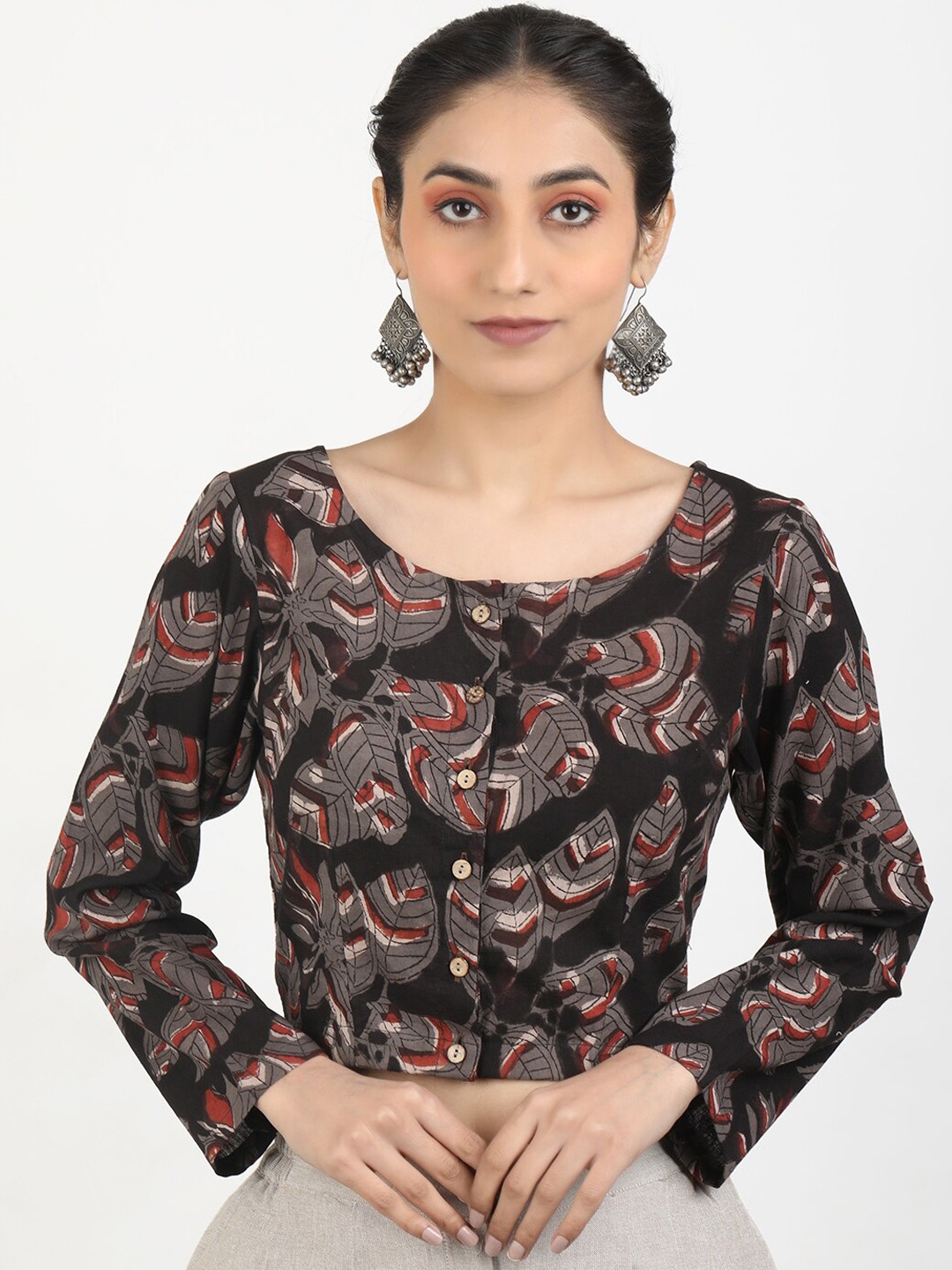 

Llajja Block Printed Pure Cotton Saree Blouse, Brown