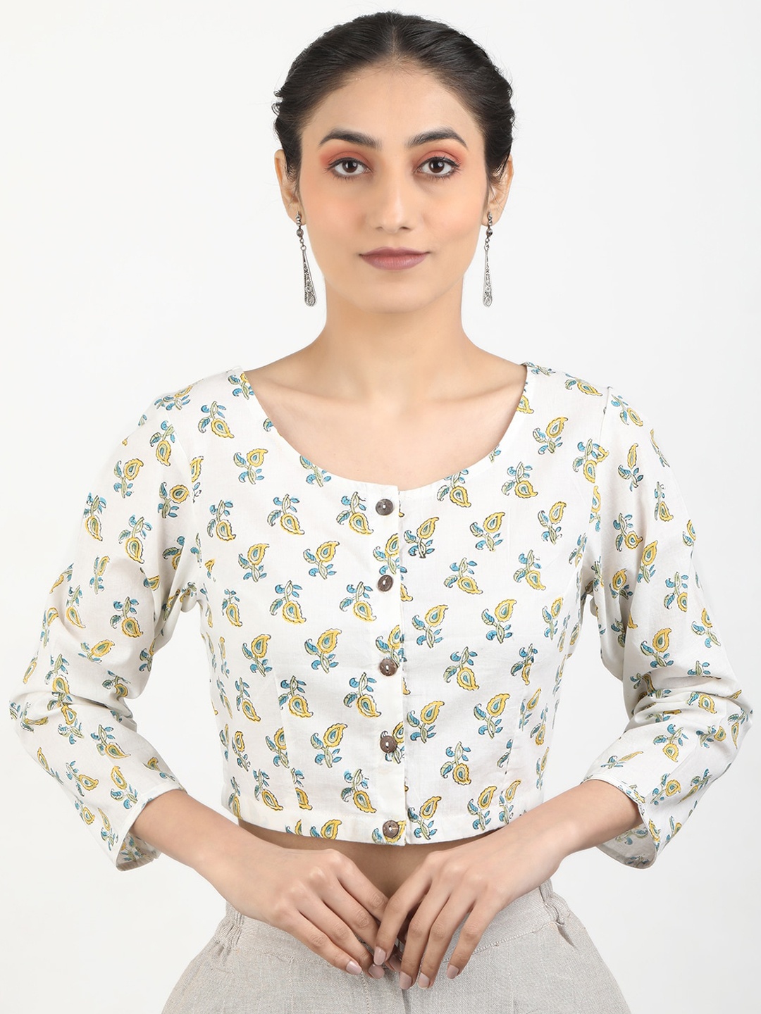 

Llajja Block Printed Round Neck Cotton Ready To Wear Non Padded Saree Blouse, White