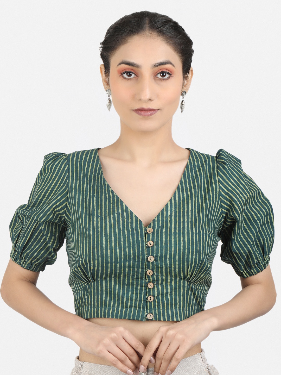 

Llajja Block Stripe Printed Cotton Saree Blouse, Green