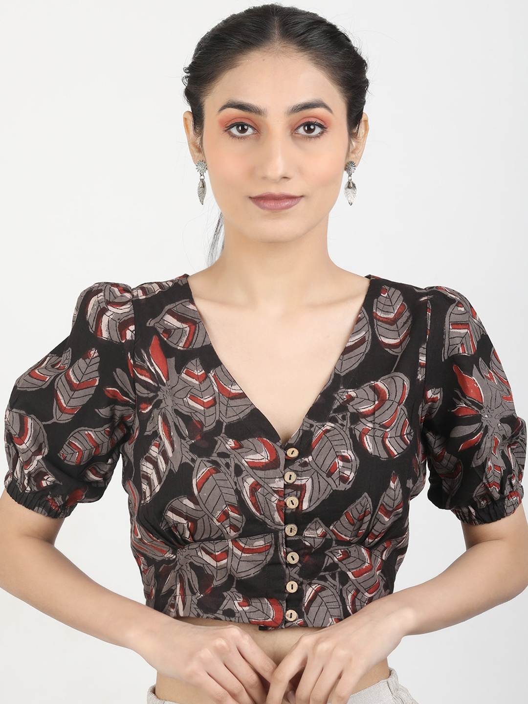 

Llajja Block Printed Pure Cotton Saree Blouse, Coffee brown