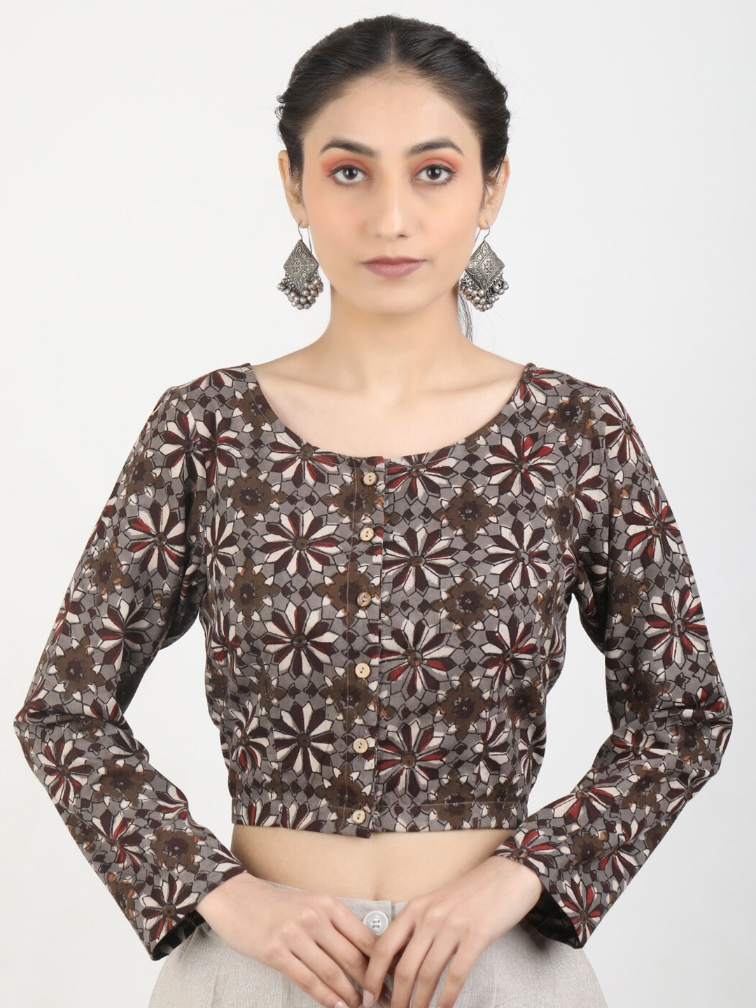 

Llajja Block Printed Non-Padded Pure Cotton Saree Blouse, Brown