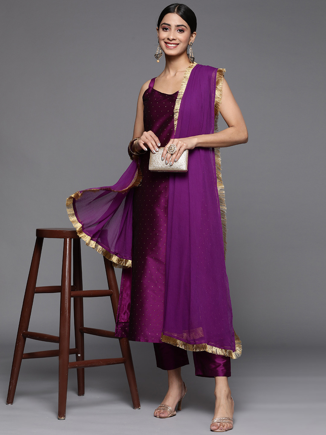 

Varanga Women Woven Design Kurta With Trousers & With Dupatta, Purple
