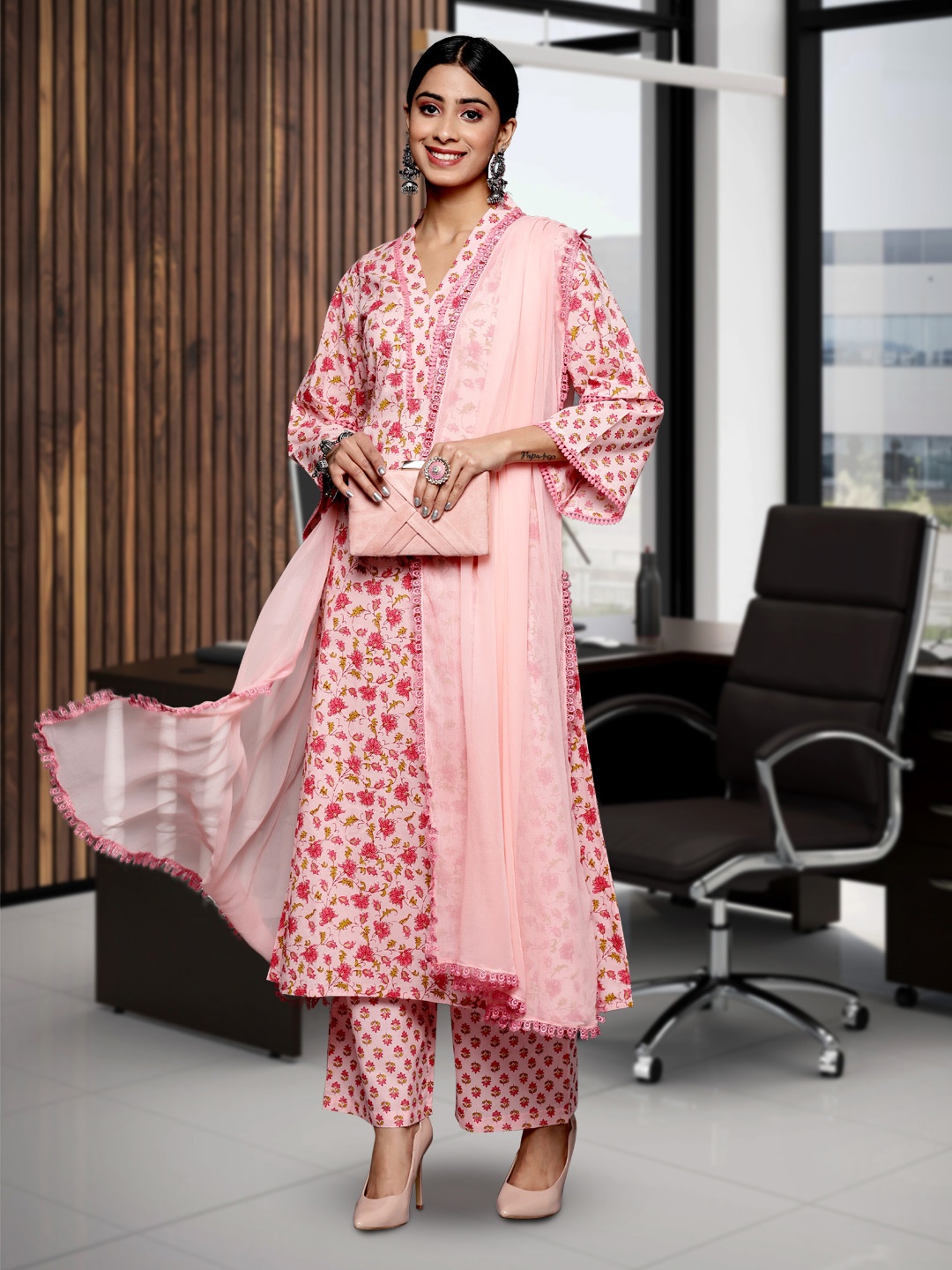 

Varanga Jaipuri Floral Cotton Flared Sleeve Lace Detailed Kurta with Trouser & Dupatta, Pink