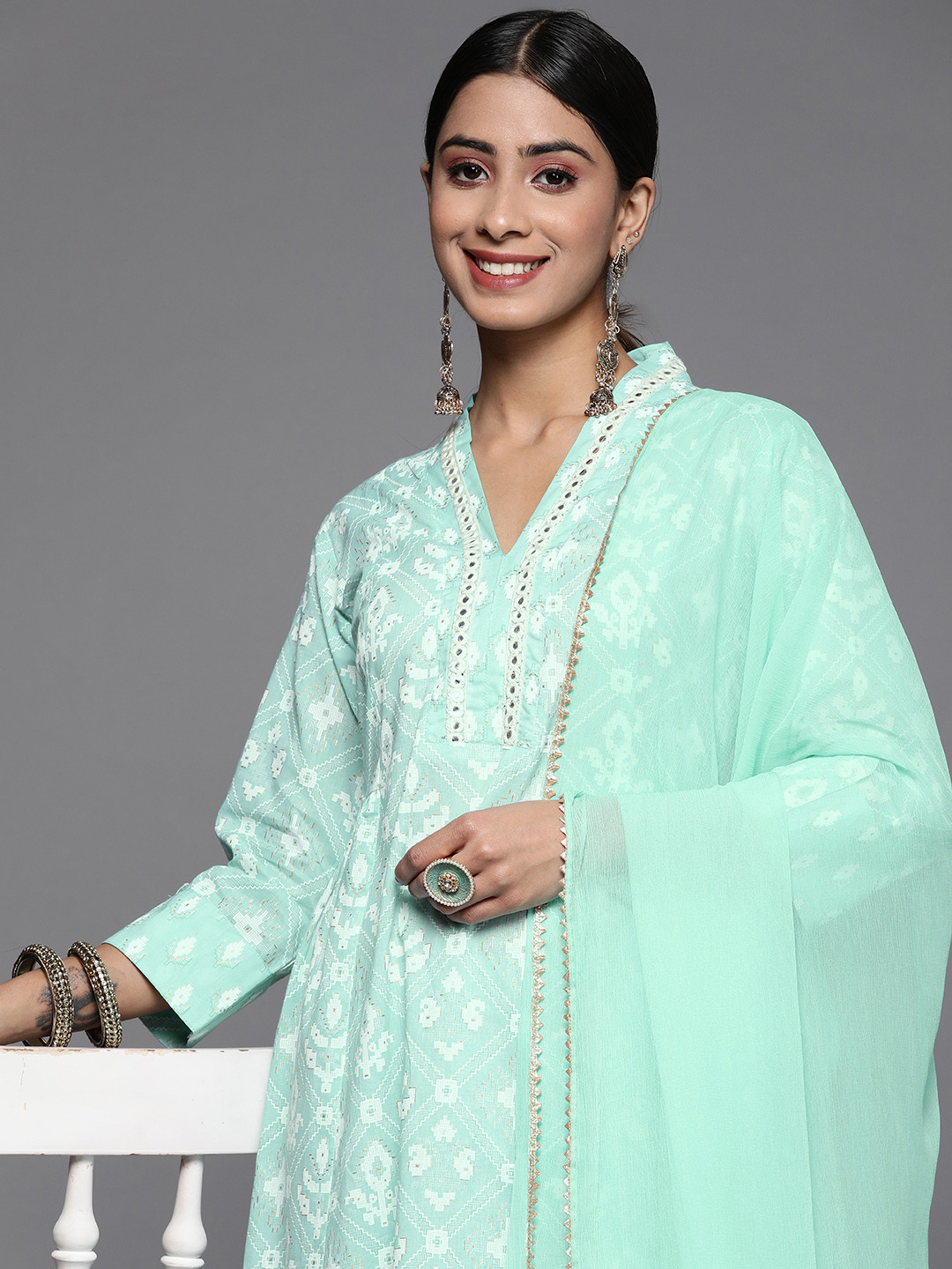 

Varanga Women Ethnic Motifs Printed Pure Cotton Kurta With Trousers & With Dupatta, Blue