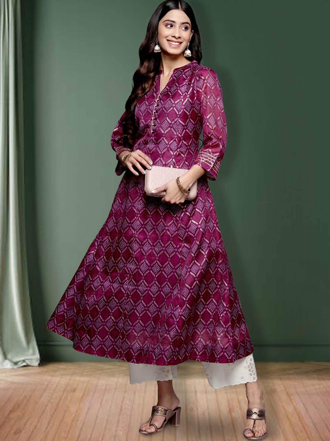 

Varanga Women Bandhani Foil Printed Gota Detailed Anarkali Kurta, Purple