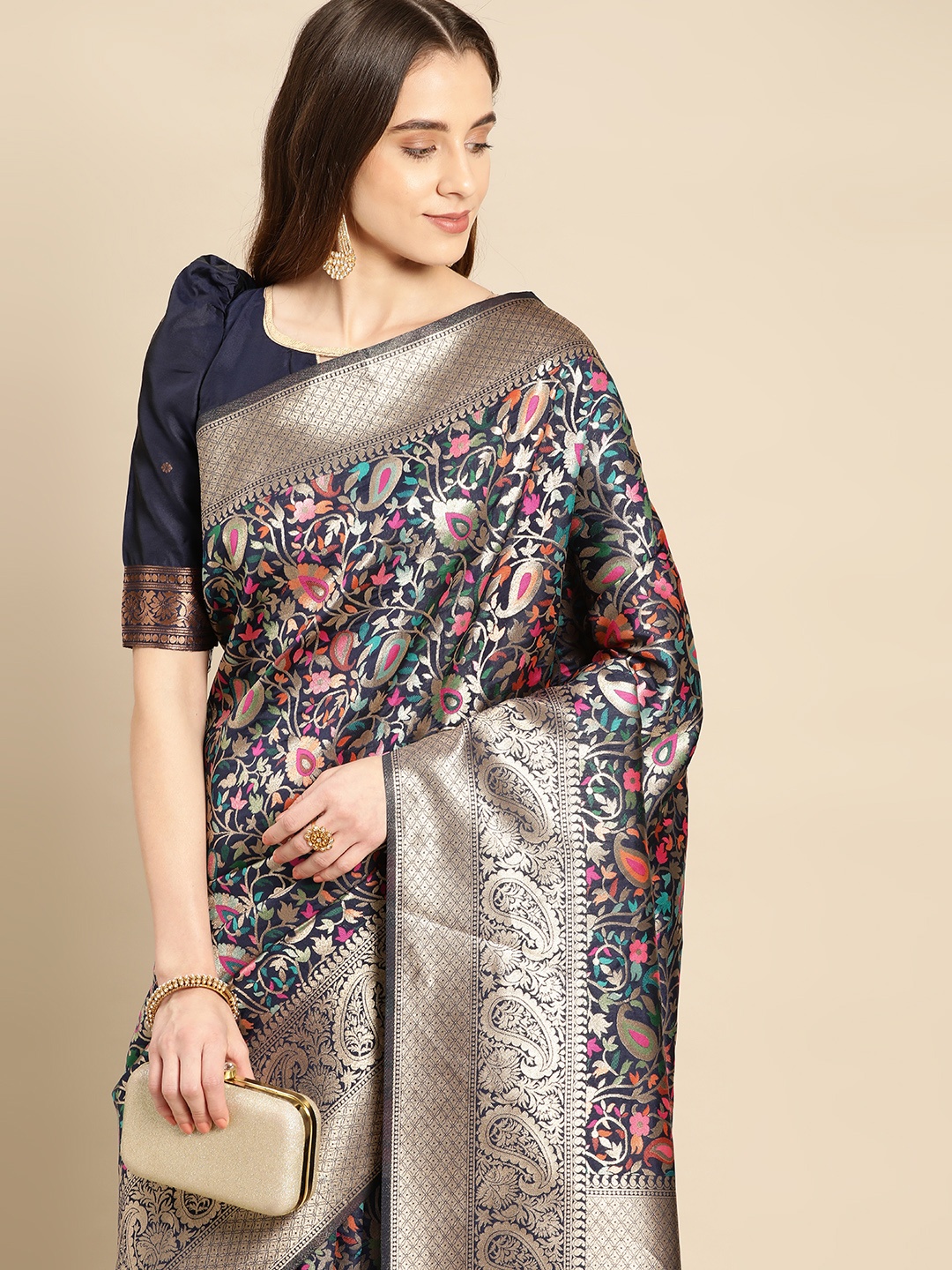 

SHANGRILA Woven Design Ethnic Motifs Zari Art Silk Saree, Blue