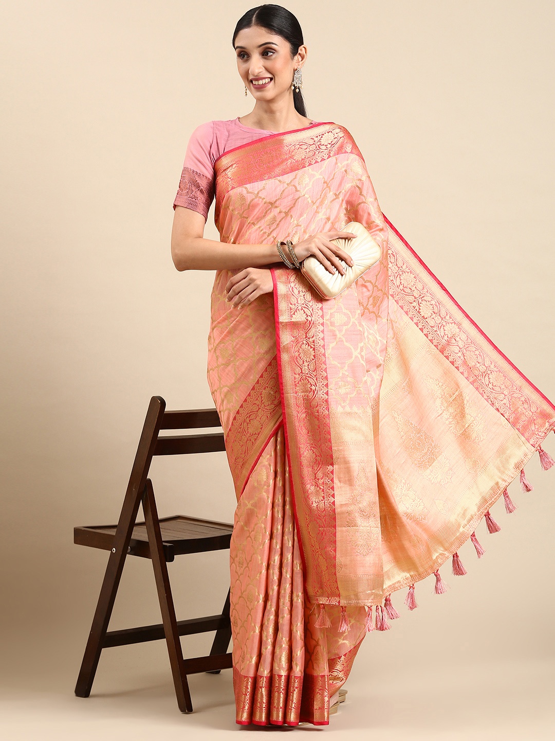 

SHANGRILA Woven Design Silk Blend Heavy Work Banarasi Saree, Pink