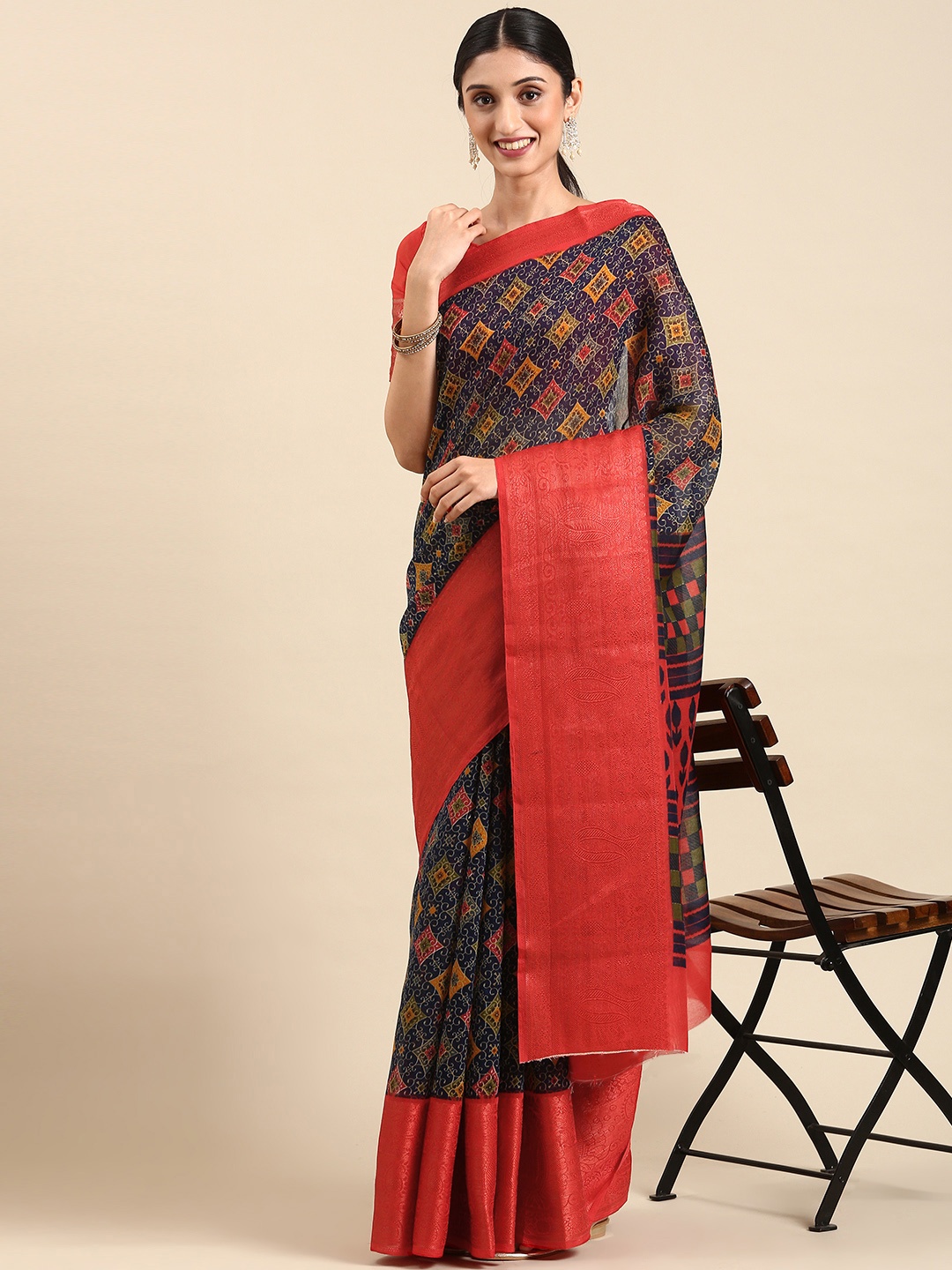 

SHANGRILA Bagh Print Bagru Saree, Blue