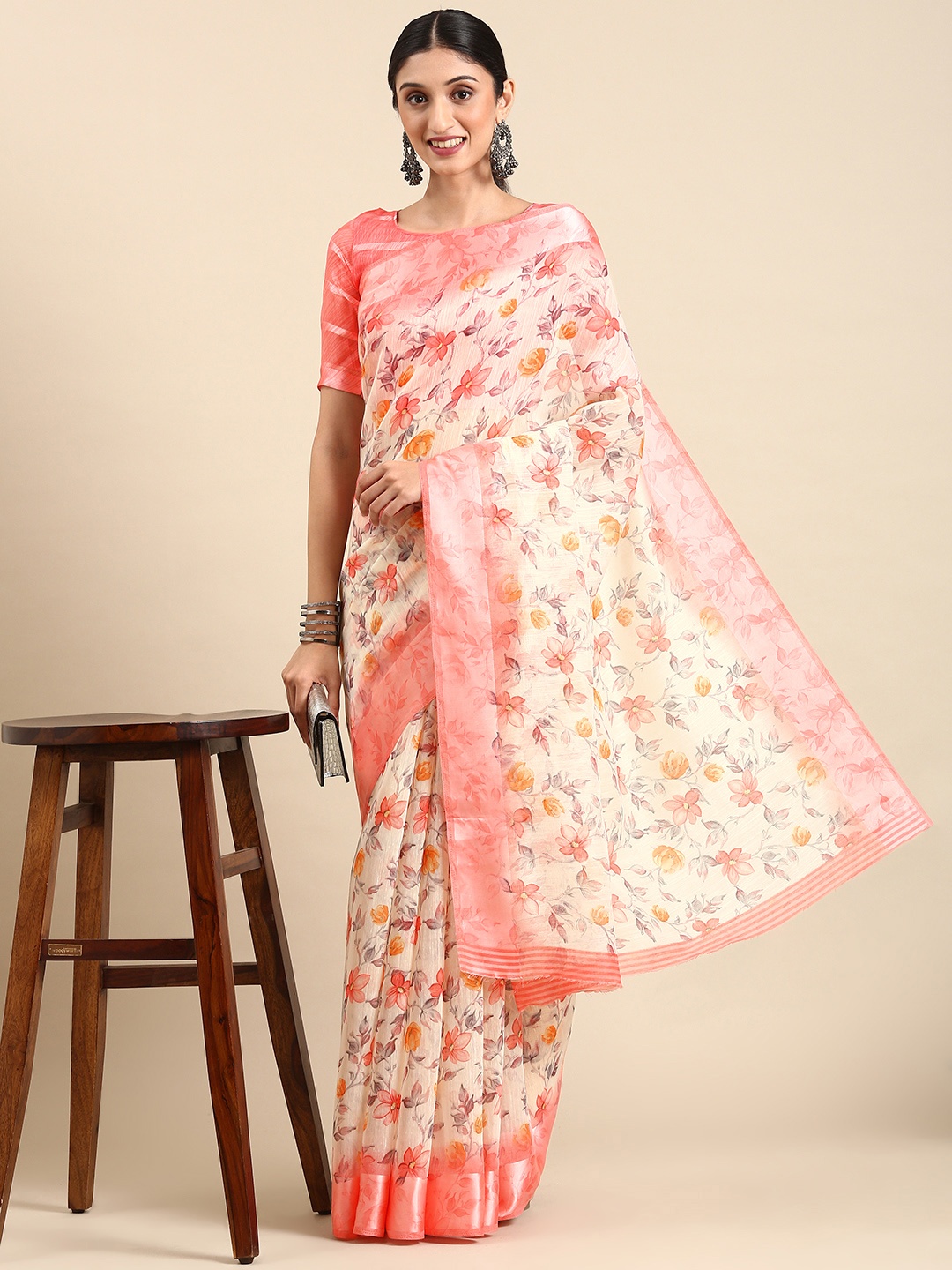 

SHANGRILA Floral Printed Saree, White