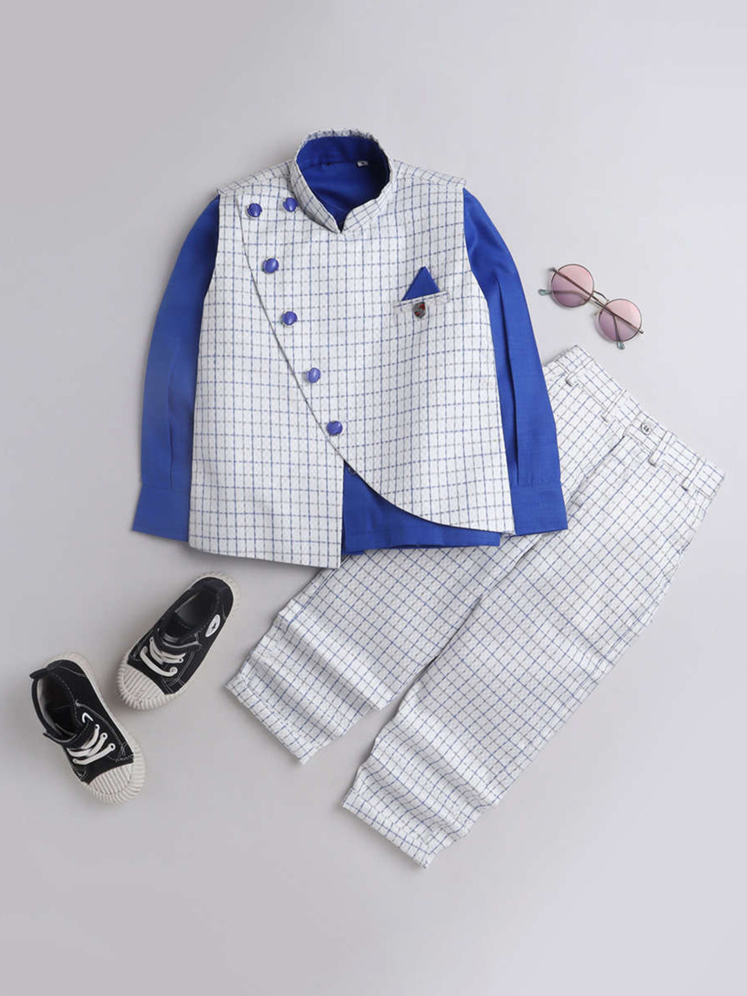 

DKGF FASHION Boys Checked Single-Breasted 3-Piece Suit Set, Blue