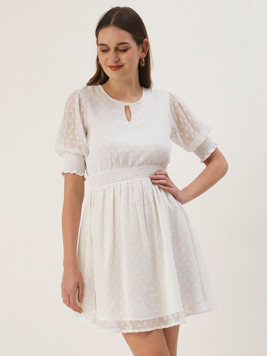 

DressBerry Self Design Keyhole Neck Georgette Dress, White