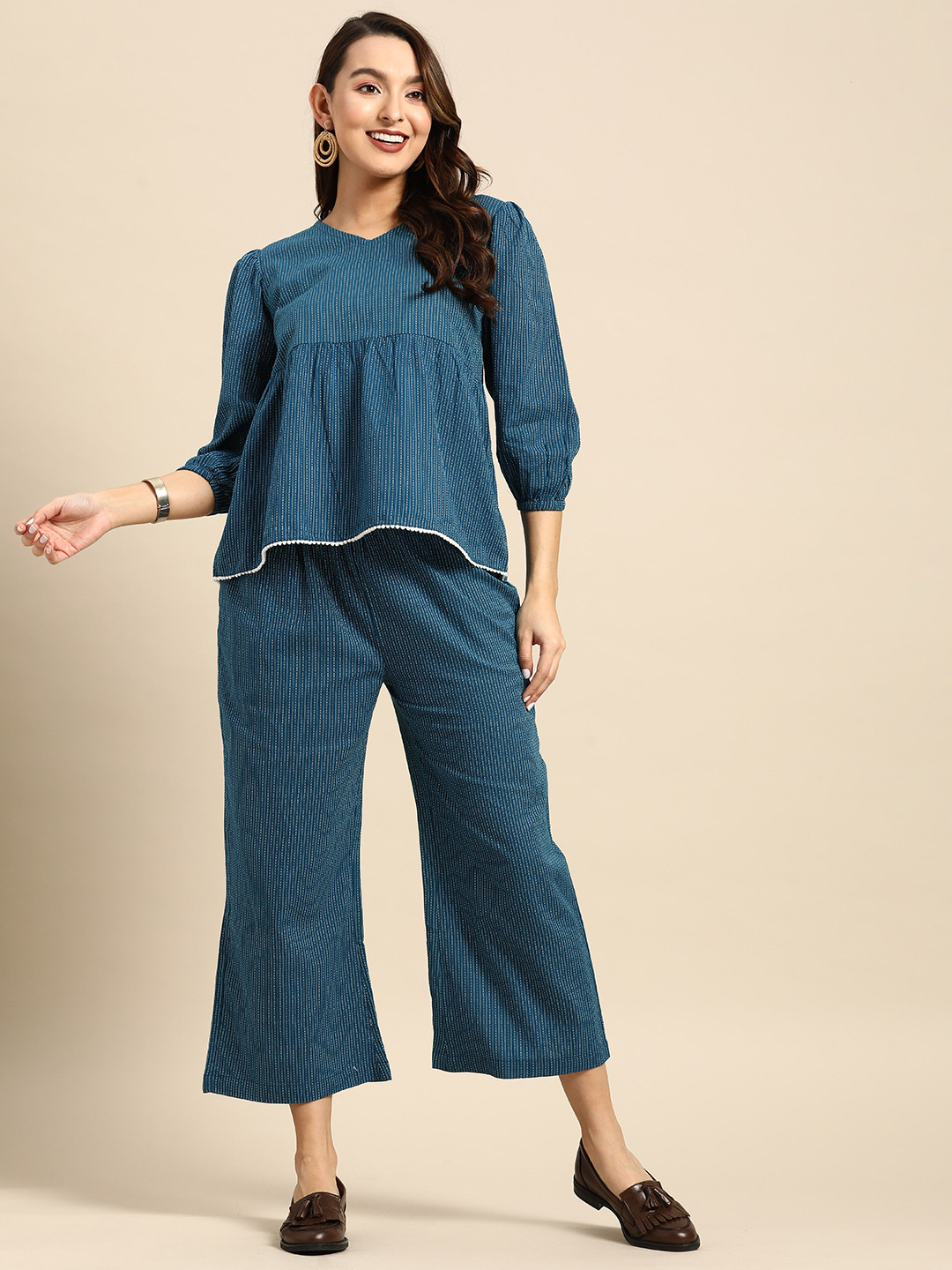 

Sangria Women Striped Pure Cotton Top With Trousers, Blue