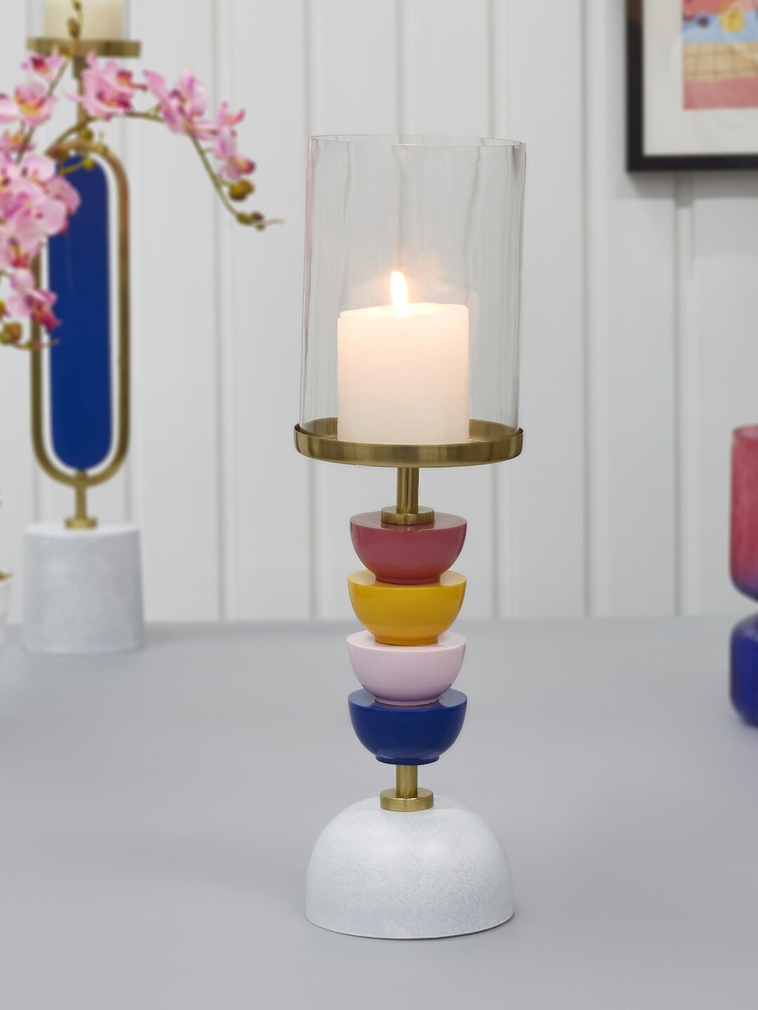 

HomeTown Athena White & Blue Ball Hurrincane Candle Holder