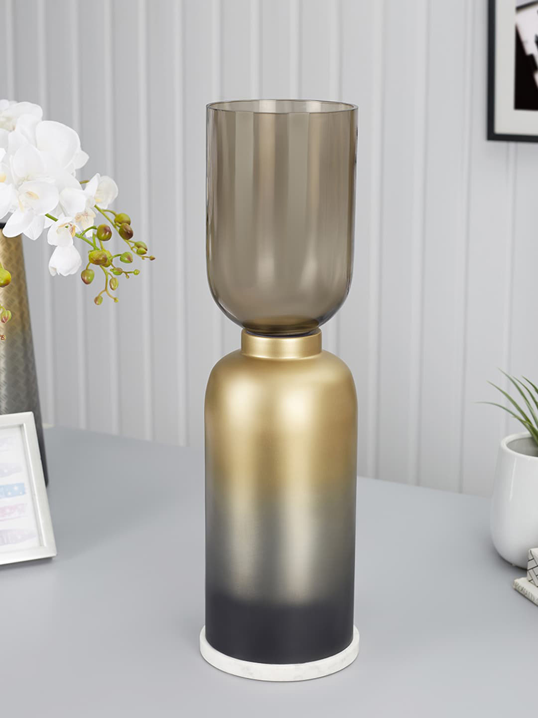 

HomeTown Antique Black Ombre Floor Hurricane Candle Holder, Gold