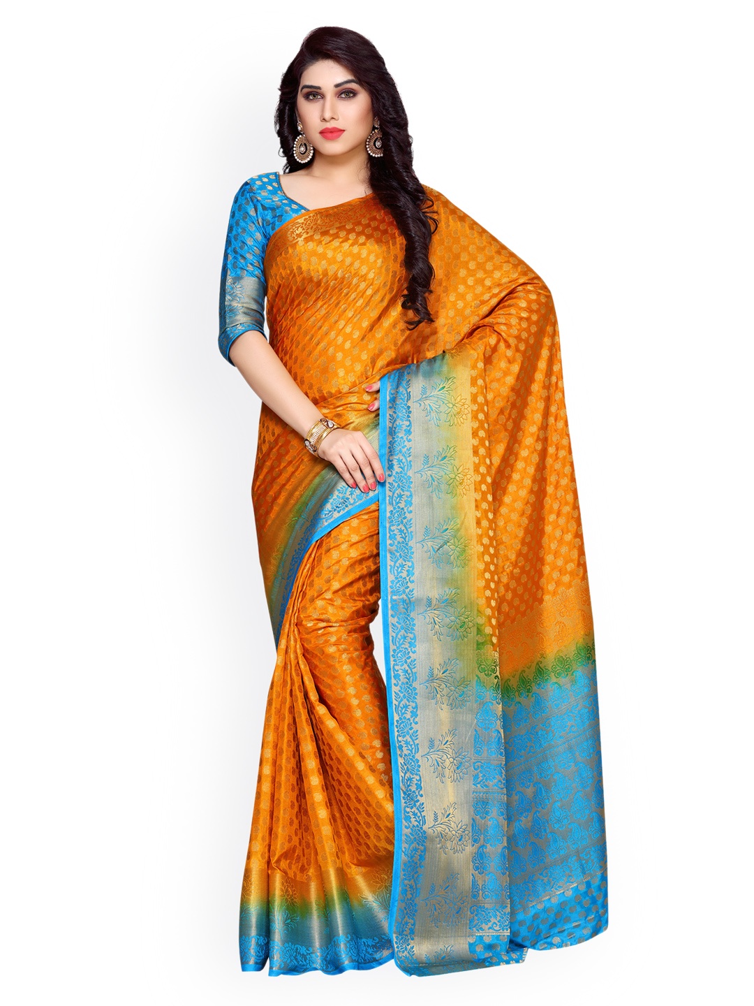 

MIMOSA Orange & Blue Art Silk Woven Design Kanjeevaram Saree