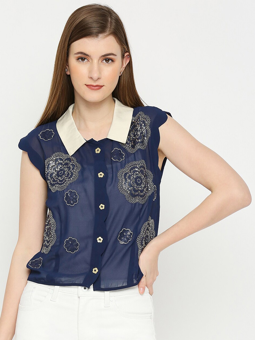 

aaliya Floral Embroidered Shirt Style Top, Navy blue