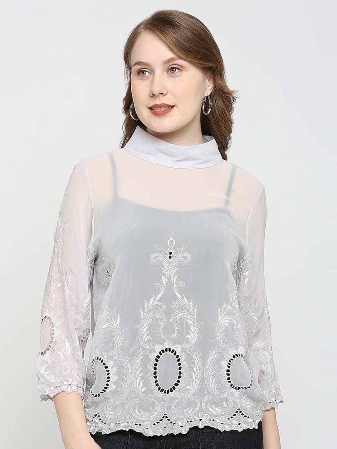 

aaliya Embroidered Sheer Top, White