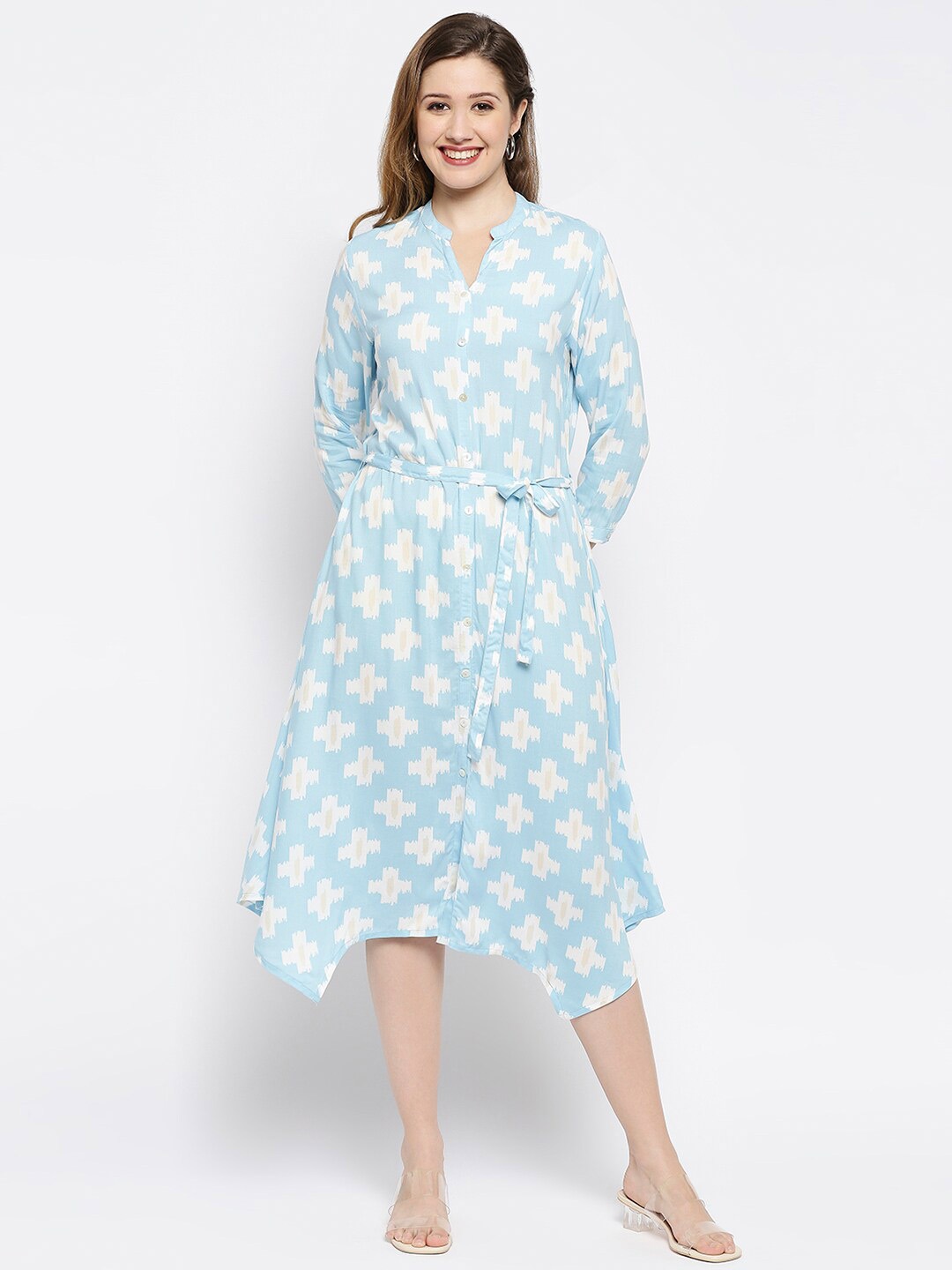 

Ethnicity Abstract Printed Asymmetric Hemline Belted A-Line Midi Dress, Blue
