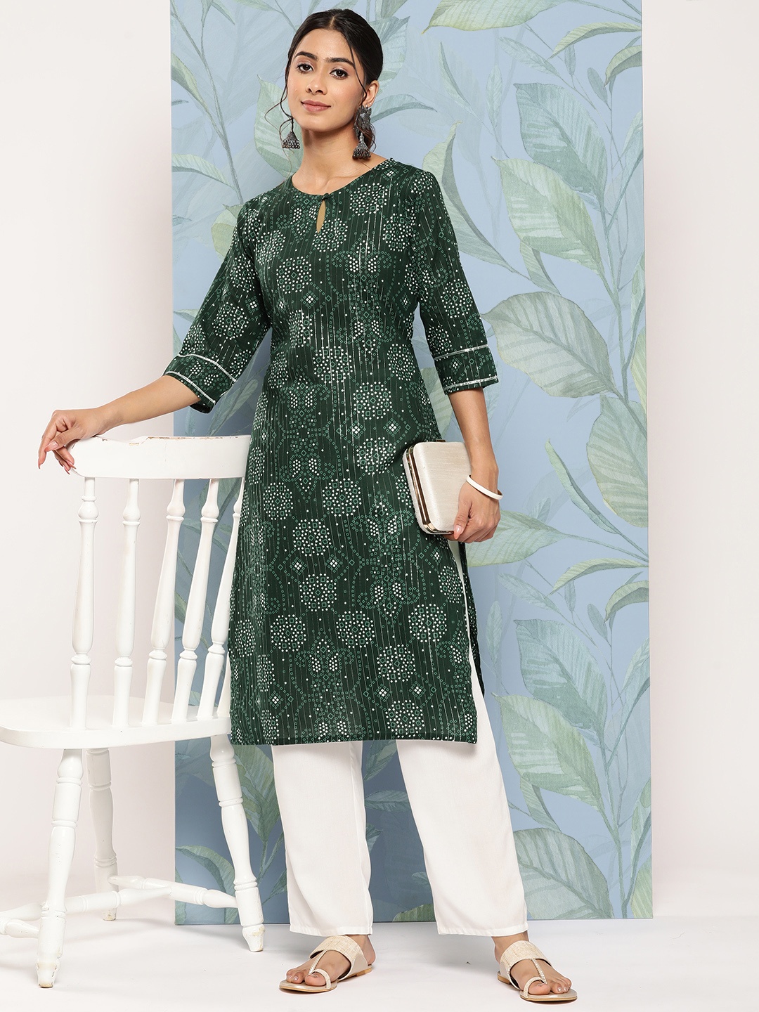 

Libas Women Bandhani Printed Keyhole Neck Gotta Patti Kurta, Green