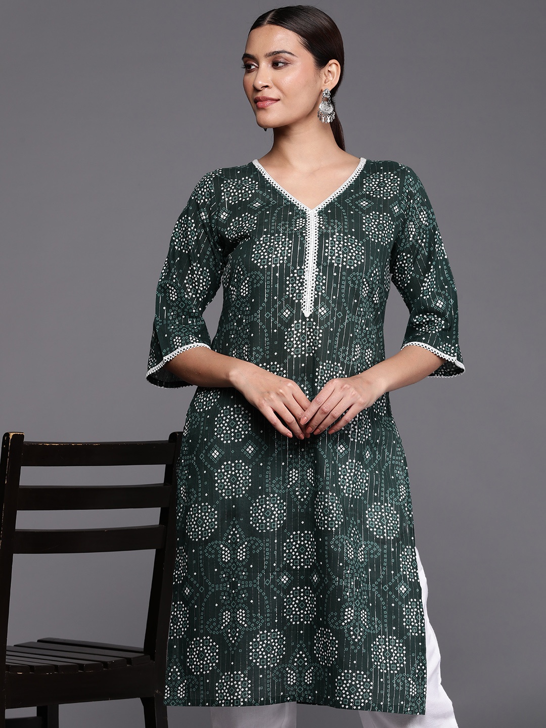 

Libas Women Bandhani Printed Flared Sleeves Kurta, Green