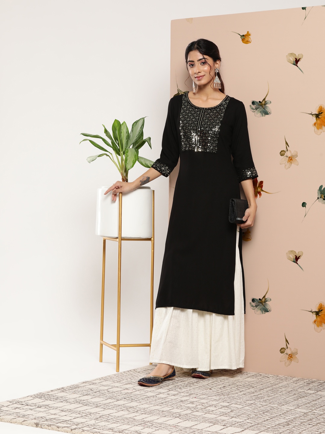 

Libas Women Embellished Yoke Design Sequins Kurta, Black