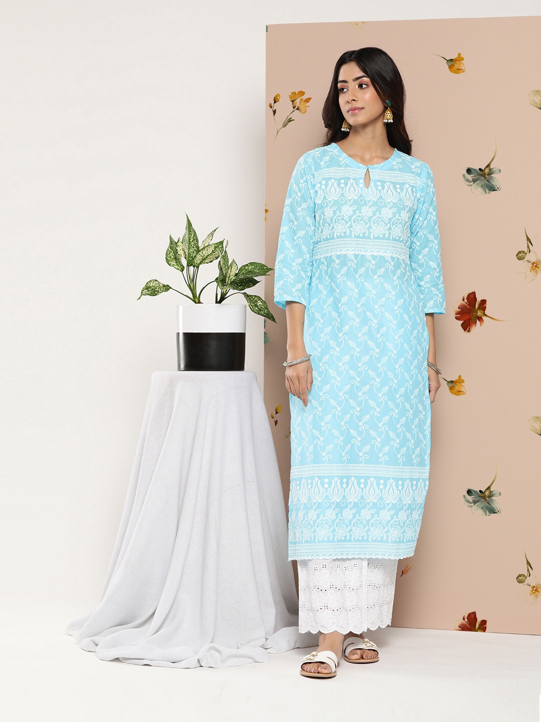 

Libas Women Ethnic Motifs Embroidered Keyhole Neck Thread Work Kurta, Blue
