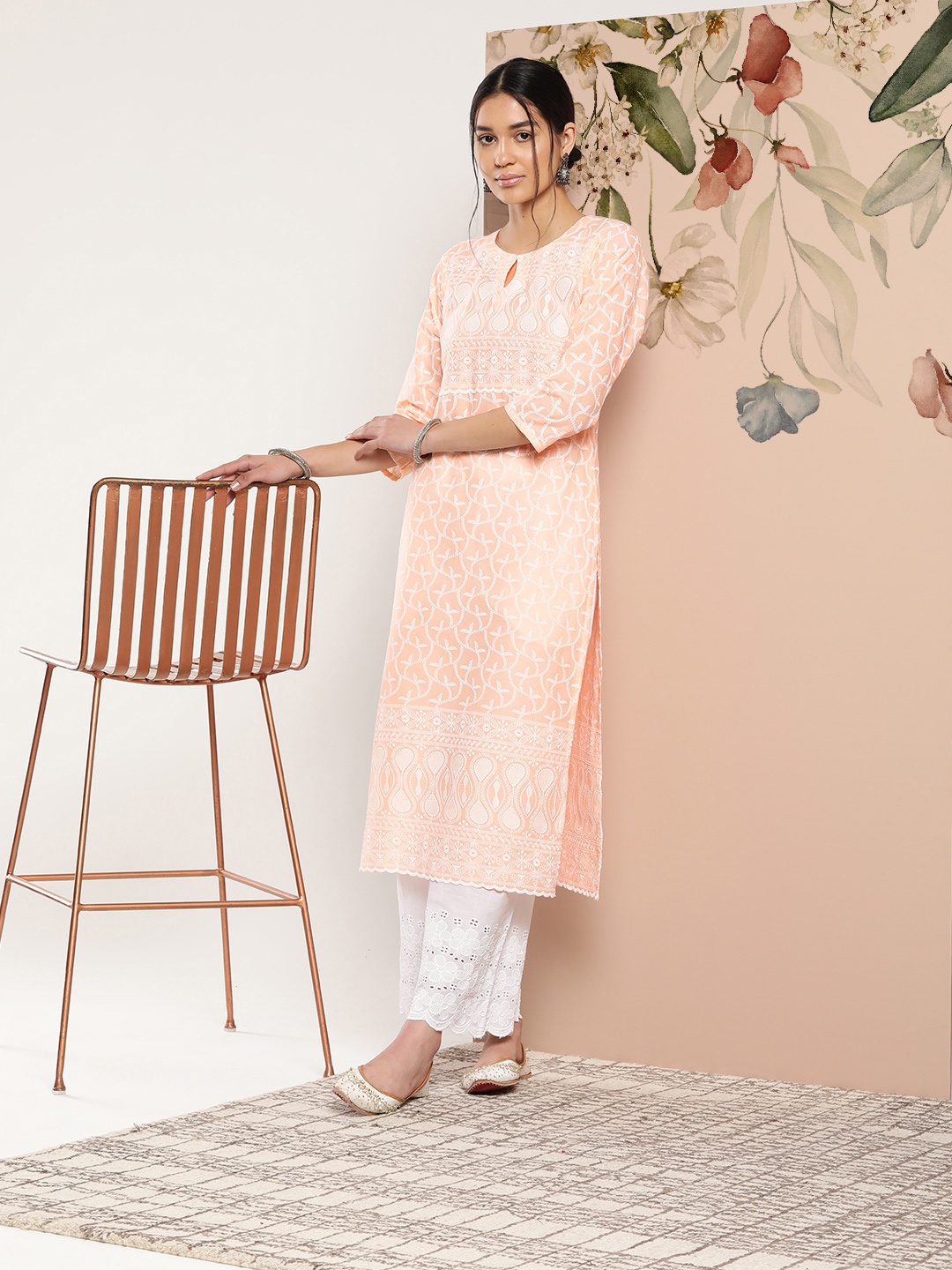 

Libas Women Ethnic Motifs Embroidered Keyhole Neck Thread Work Kurta, Peach