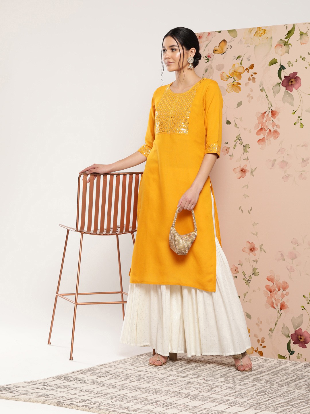

Libas Women Embellished Yoke Design Sequins Kurta, Mustard