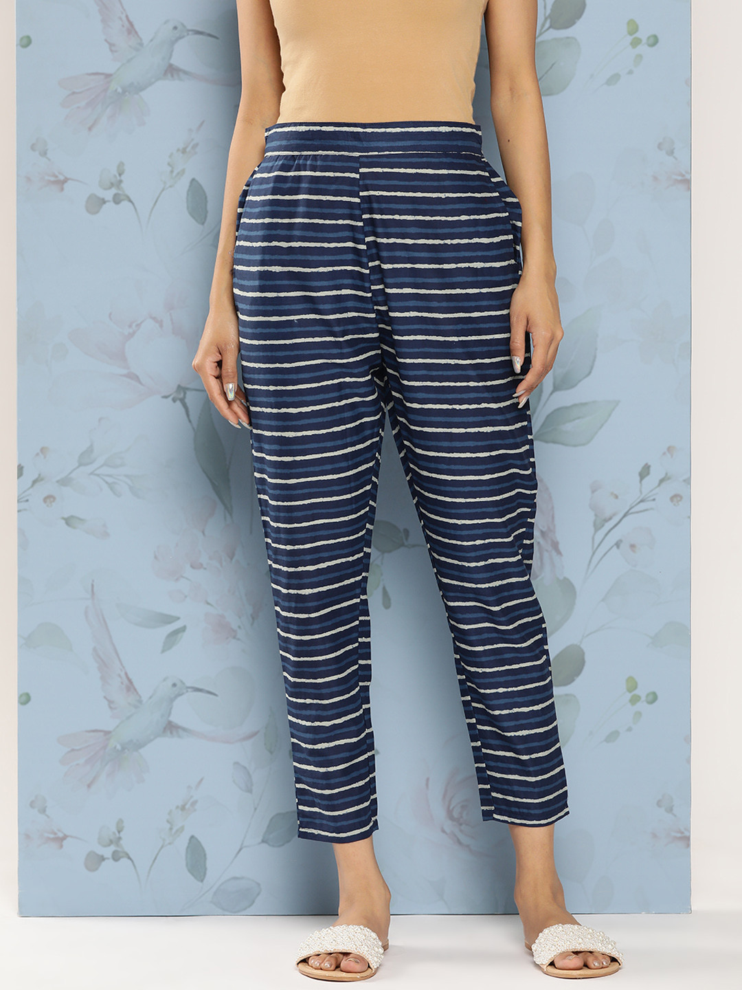 

Libas Women Striped Relaxed Straight Leg Trousers, Navy blue