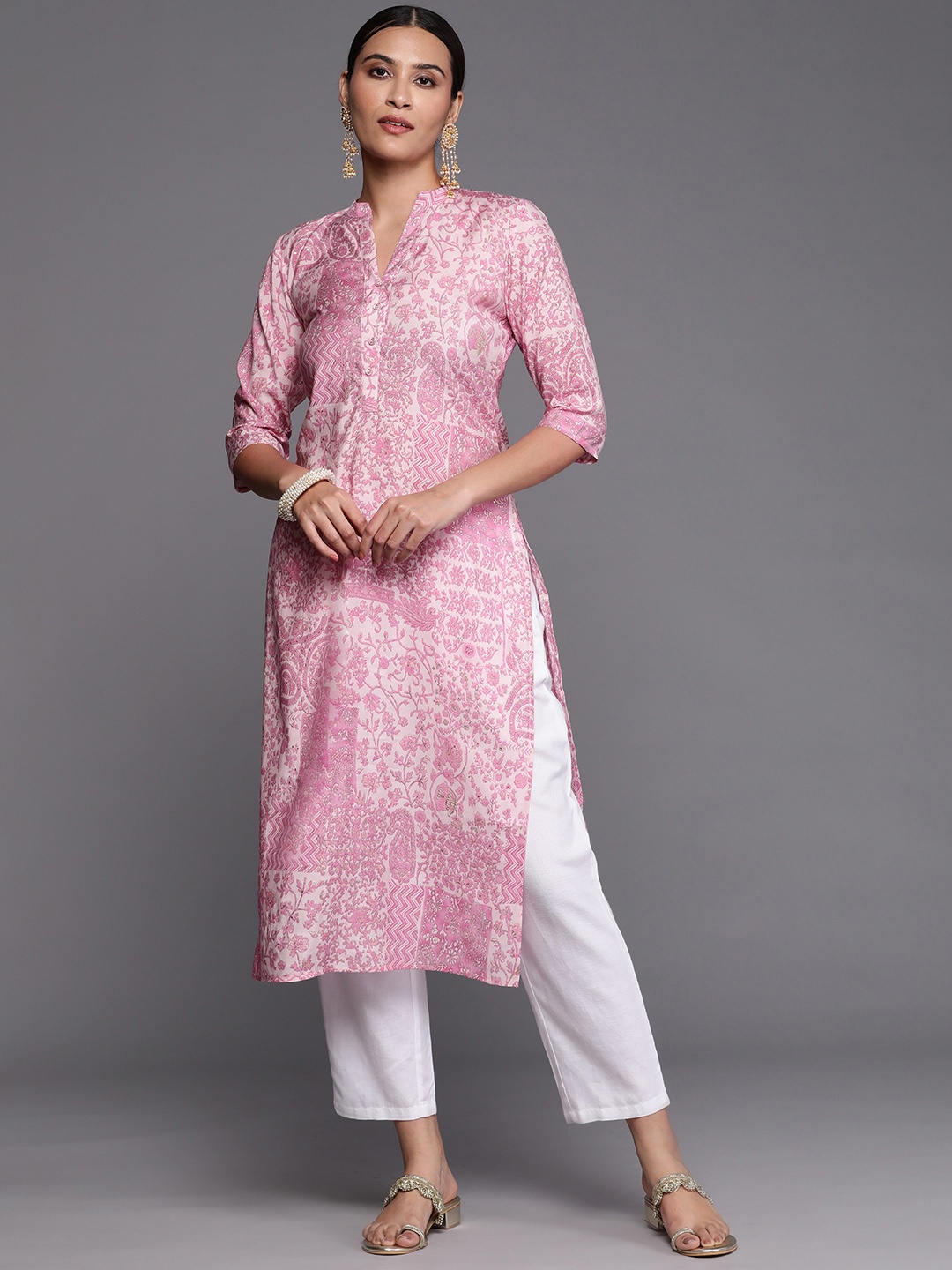 

Libas Floral Printed Silk Blend Kurta, Pink