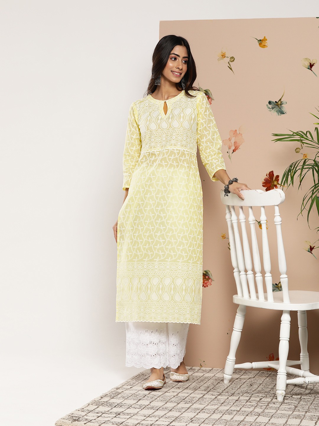 

Libas Women Ethnic Motifs Embroidered Keyhole Neck Thread Work Kurta, Yellow