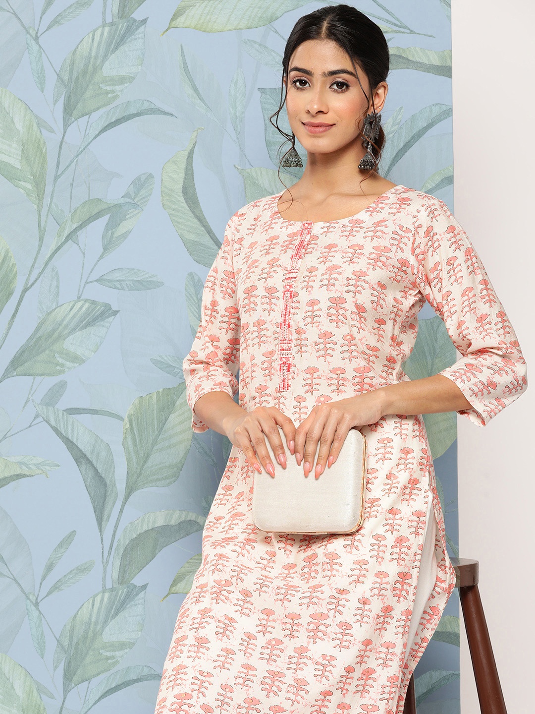 

Libas Women Ethnic Motifs Printed Thread Work Kurta, Peach