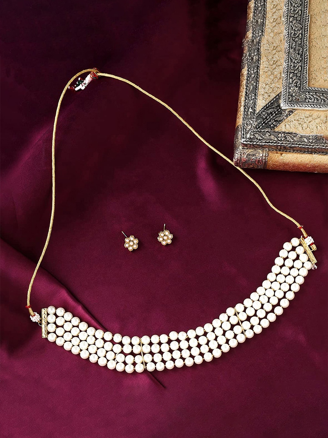 

Yellow Chimes Set Of 2 Gold-Plated Stone Studded & Beaded Jewellery Set, White