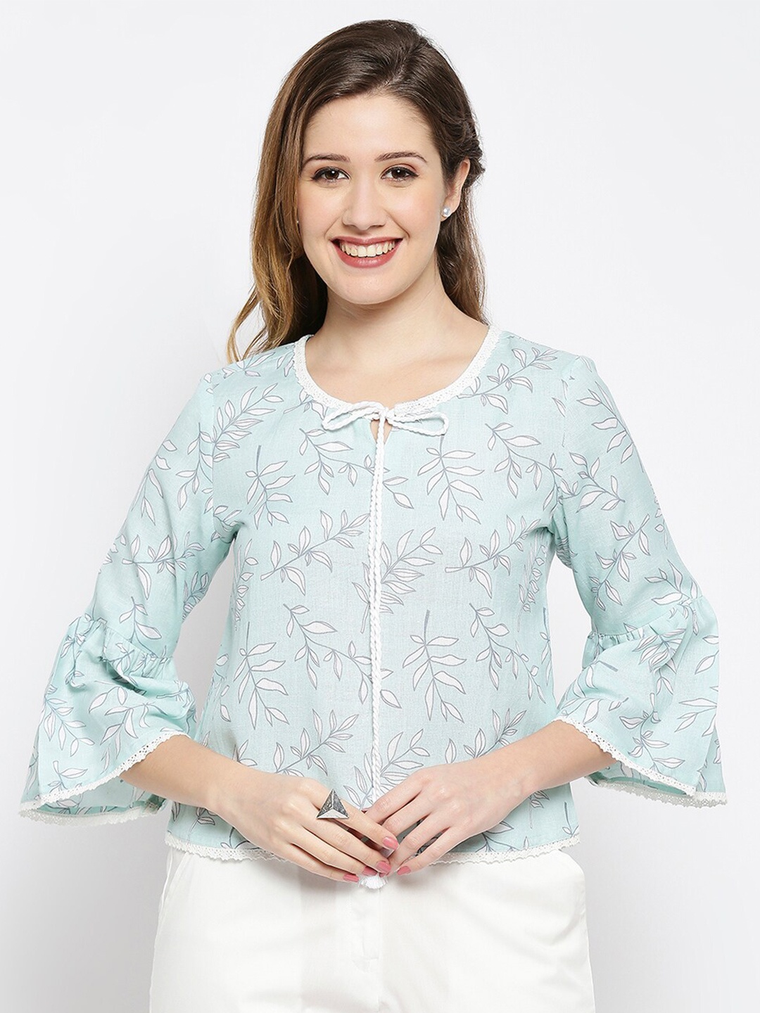 

Ethnicity Floral Print Tie-Up Neck Top, Blue