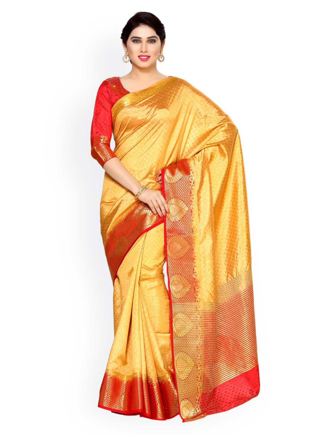 

MIMOSA Golden & Red Art Silk Woven Design Kanjeevaram Saree, Gold