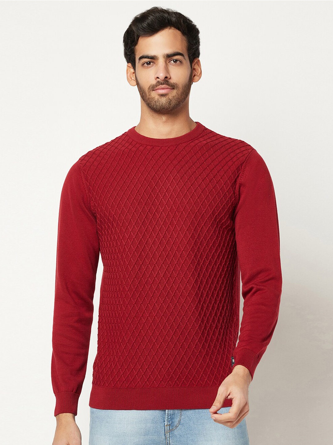 

Blue Buddha Men Self Design Cotton Pullover Sweatshirt, Maroon