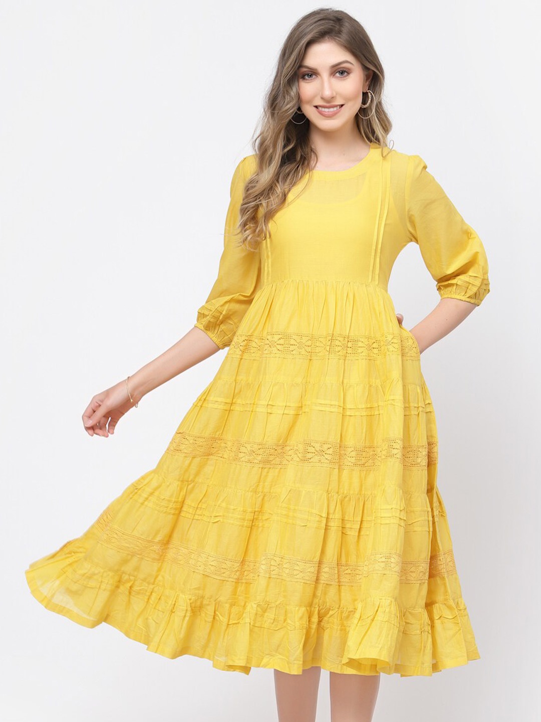 

TERQUOIS Self Design A-Line Midi Pure Cotton Dress, Yellow
