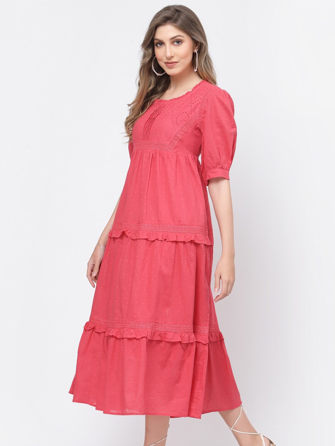 

TERQUOIS Tiered Empire Midi Cotton Dress, Pink