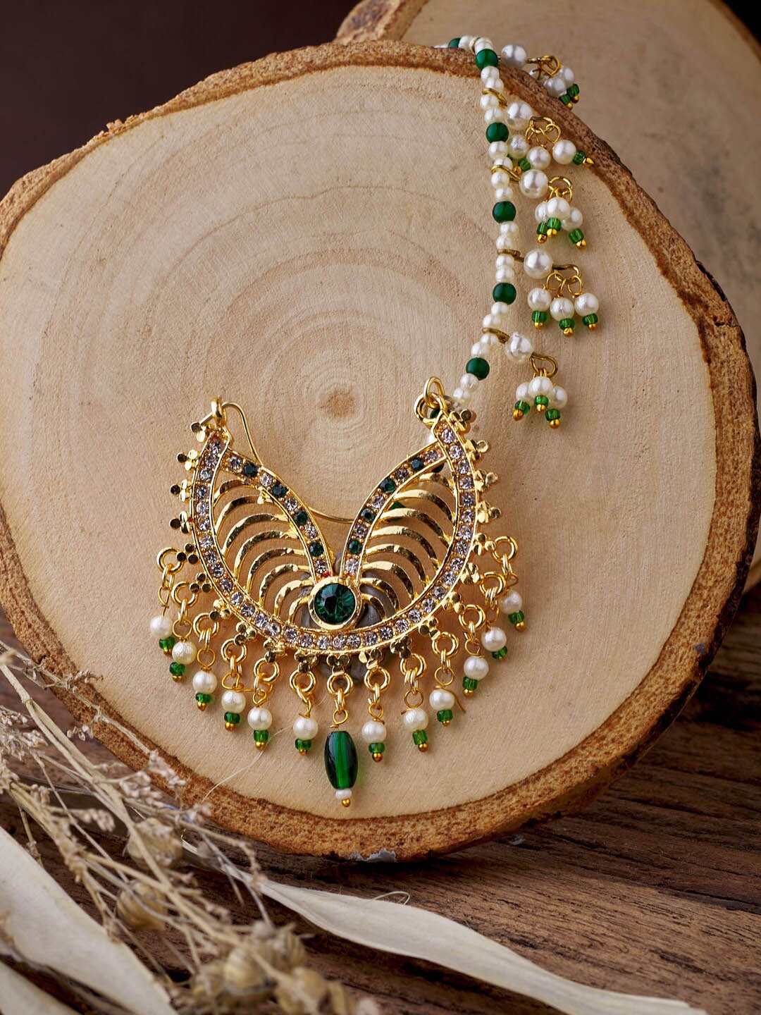 

ATIBELLE Gold-Plated Stone-Studded & Enamelled Insert Nosepin With Beaded Extension, Green