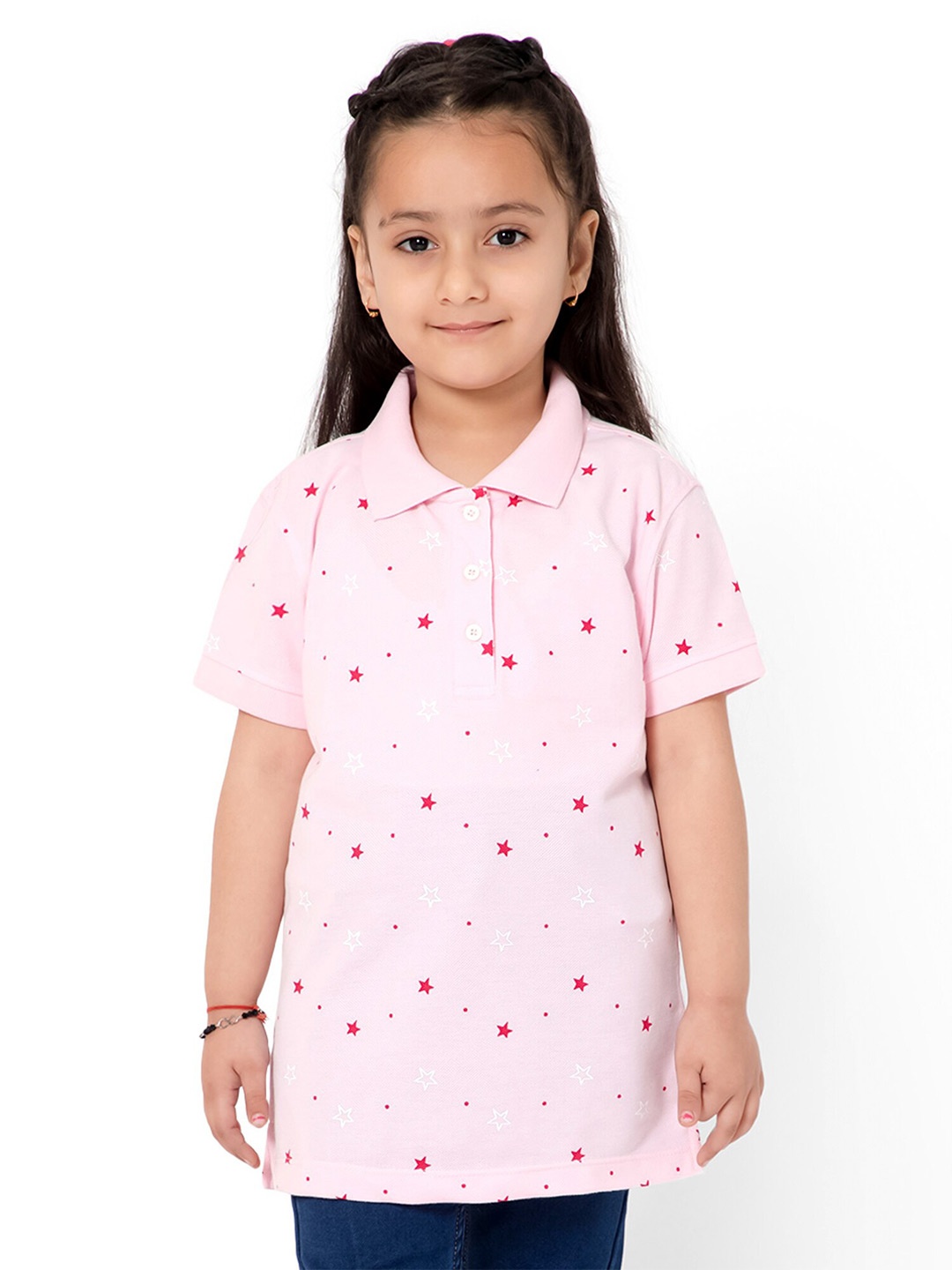 

Bodycare Kids Girls Printed Polo Collar Cotton T-shirt, Pink