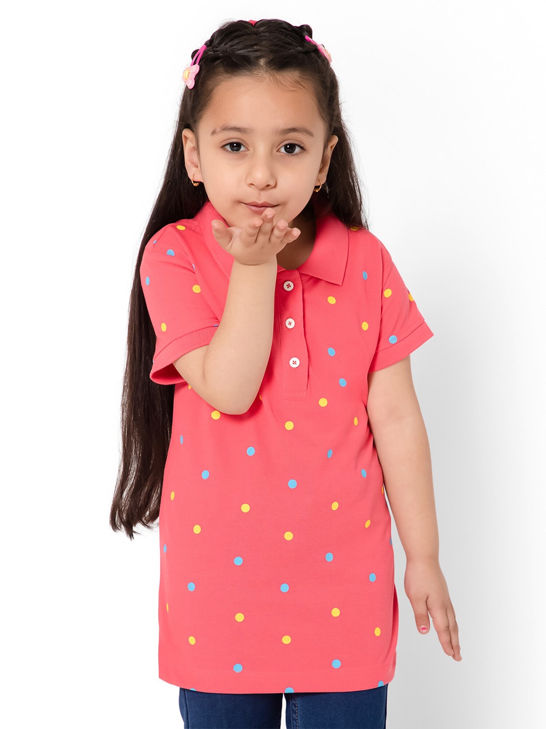 

Bodycare Kids Girls Printed Polo Collar Cotton T-shirt, Pink