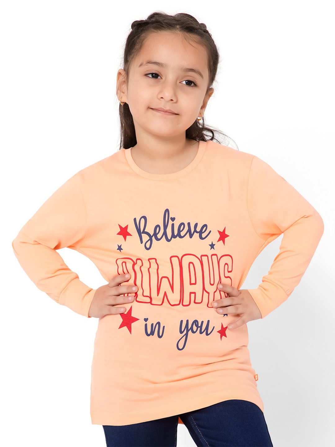 

Bodycare Kids Girls Peach Typography Printed Round Neck Full Sleeves Cotton T-shirt