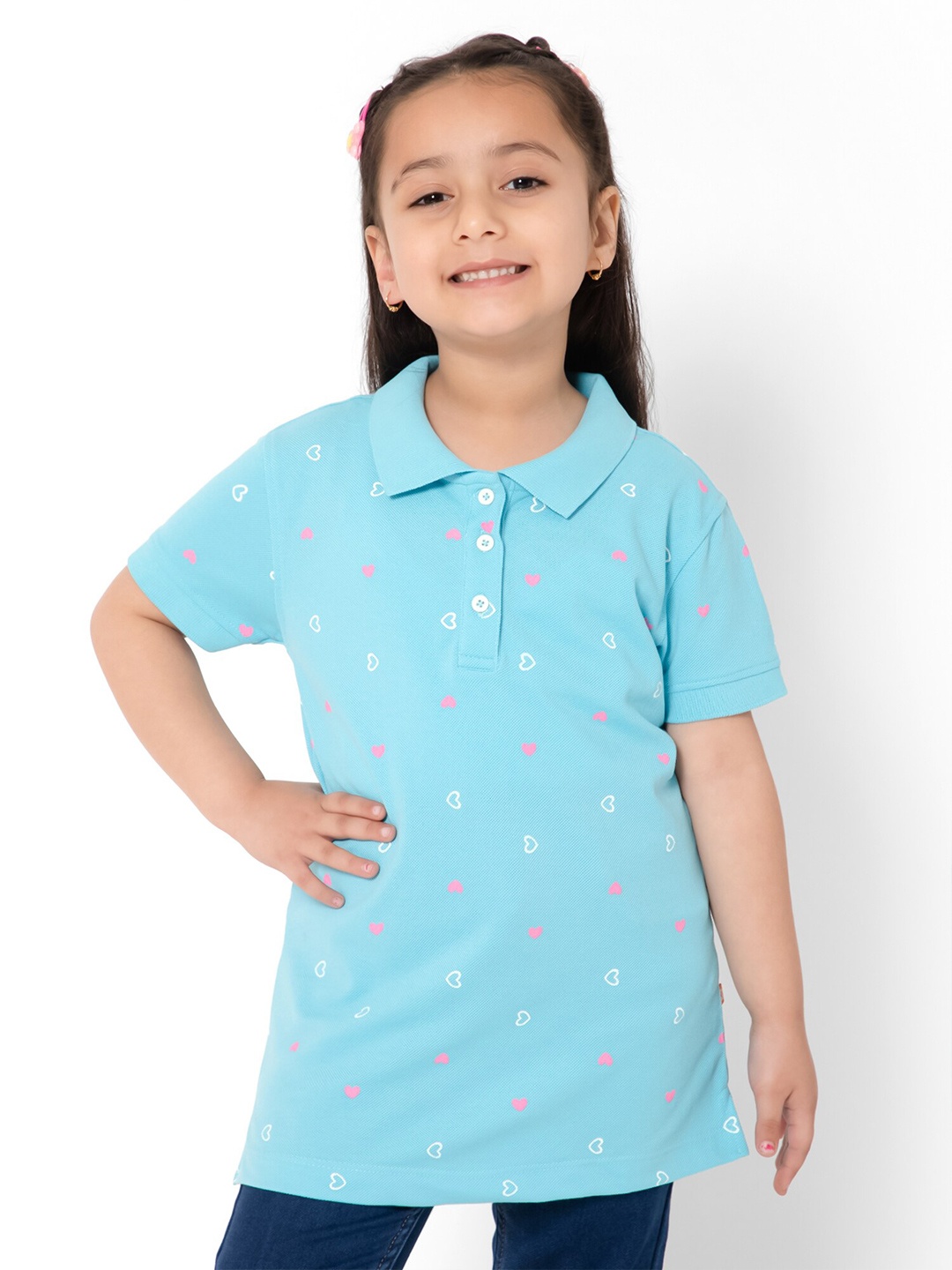 

Bodycare Kids Girls Geometric Printed Polo Collar Cotton T-shirt, Turquoise blue