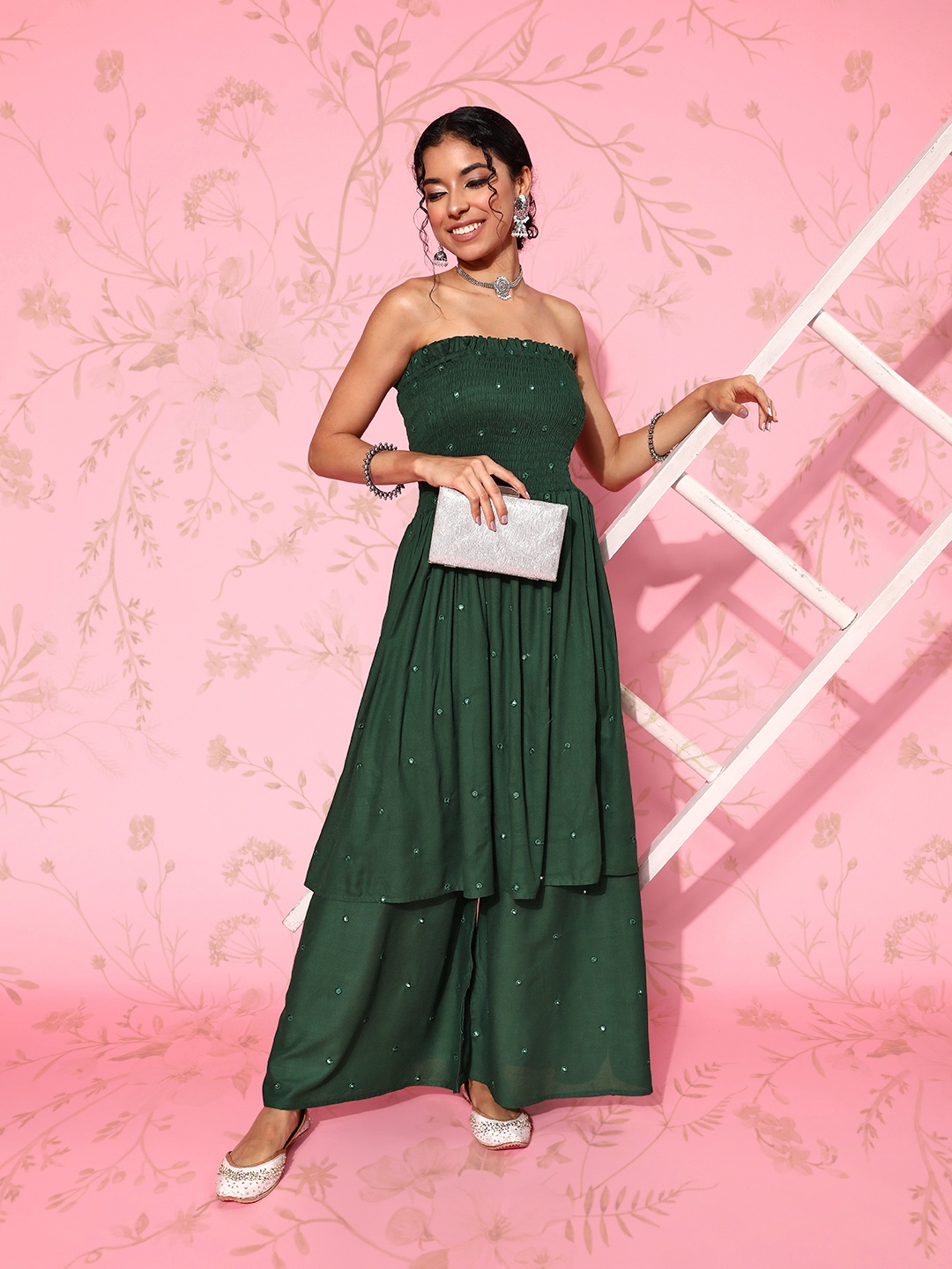 

InWeave Women Embroidered Off-Shoulder Mirror Work Kurta With Palazzos, Green