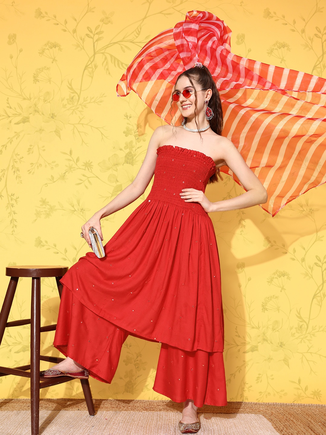 

InWeave Women Pleated Mirror Work Off-Shoulder Kurta With Palazzos & With Dupatta, Red